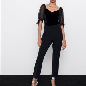 Zara Black Velvet Bodysuit with Sheer Sleeves S